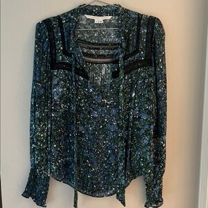 Veronica BEARD CANDITA TOP GREEN BlUE Long Sleeve Tie front  4